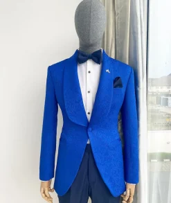 A Royal Blue floral pattern jacquard shawl lapel tuxedo suit