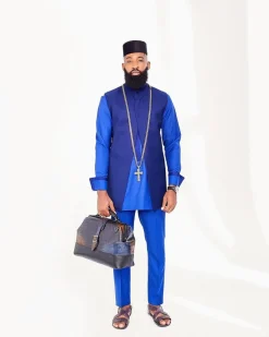 A Royal Blue 3-piece Kaftan, Black Hat Patterned Jacket