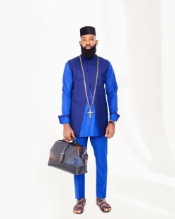 A Royal Blue 3-piece Kaftan, Black Hat Patterned Jacket