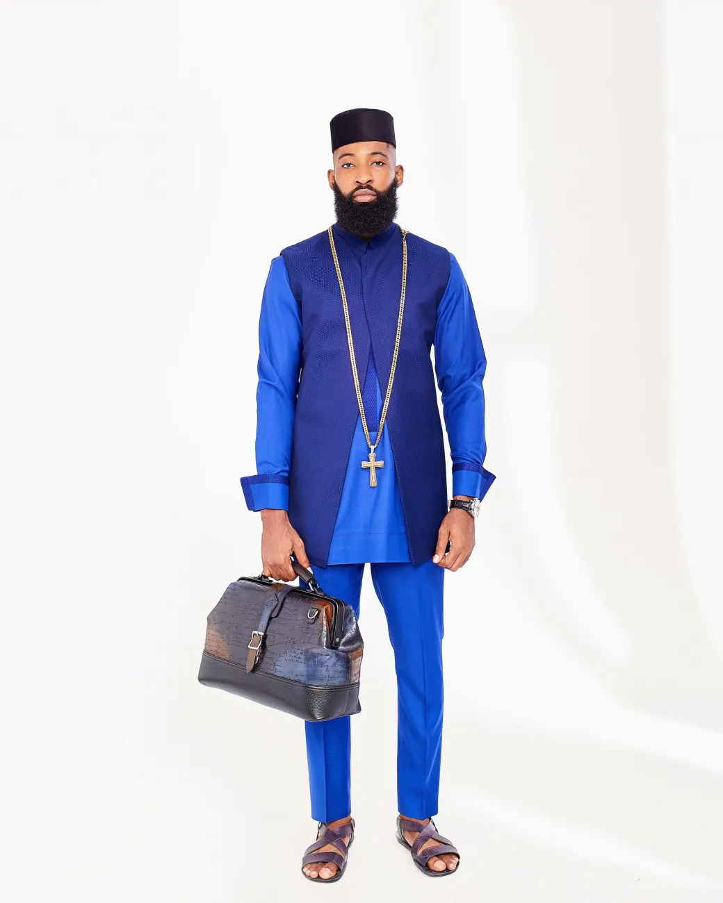A Royal Blue 3-piece Kaftan, Black Hat Patterned Jacket