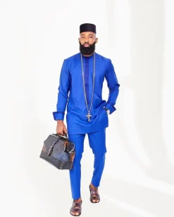 A Royal Blue with embroidery front flap African Kaftan Native, a Matching Hat and Sokoto