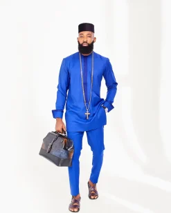 A Royal Blue with embroidery front flap African Kaftan Native, a Matching Hat and Sokoto