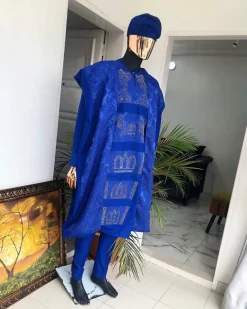 A Royal blue with swarovski on jacquard detailing matching hand wooven embroidery agbada
