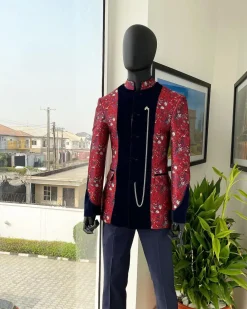 A Royal Navy blue, white and red splashed Mandarin Jacquard safari tuxedo royal suit
