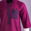 A Ruby red, front flap with black Swarovski crystal button, 3/4 sleeve African senator kaftan native