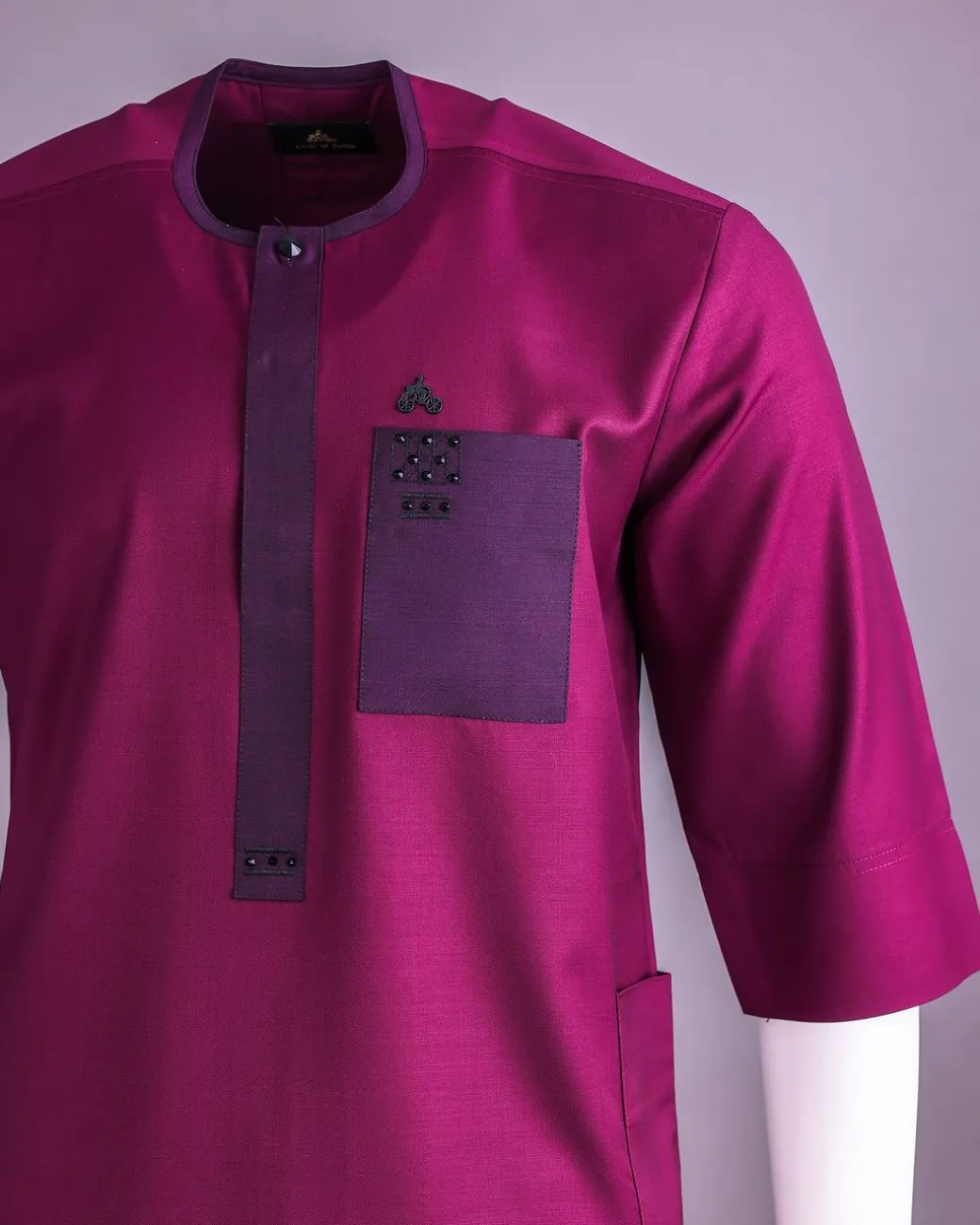 A Ruby red, front flap with black Swarovski crystal button, 3/4 sleeve African senator kaftan native