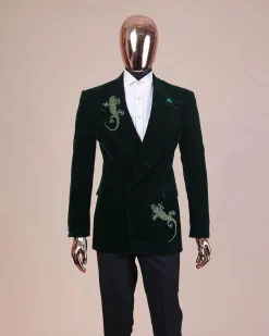 A Sacramento green “agama” soaked velvet peak lapel single button double breasted suit