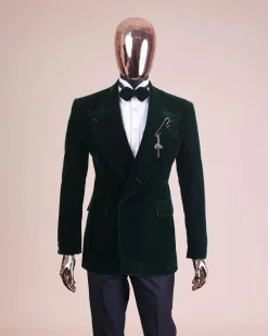 A Sacramento green “agama” soaked velvet peak lapel single button double breasted suit with lizard patch
