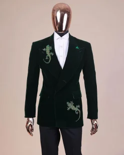 A Sacramento green “agama” soaked velvet peak lapel single button double breasted suit
