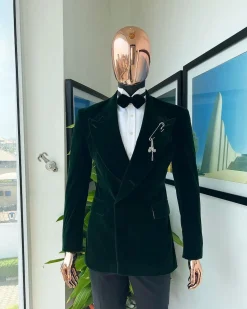 A Sacramento green “agama” soaked velvet peak lapel single button double breasted suit with lizard patch