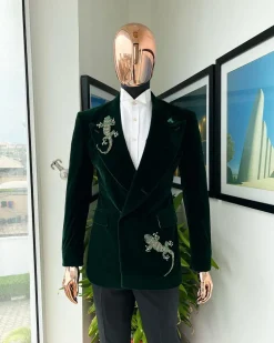 A Sacramento green “agama” soaked velvet peak lapel single button double breasted suit