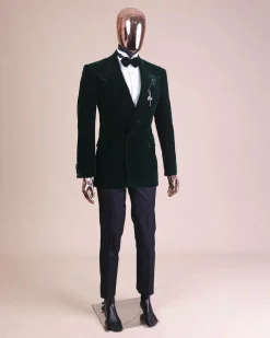 A Sacramento green “agama” soaked velvet peak lapel single button double breasted suit with lizard patch