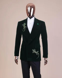 A Sacramento green “agama” soaked velvet peak lapel single button double breasted suit