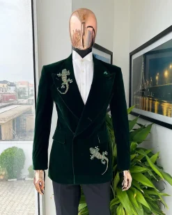 A Sacramento green “agama” soaked velvet peak lapel single button double breasted suit