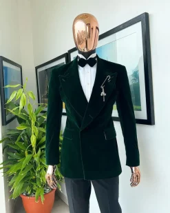 A Sacramento green “agama” soaked velvet peak lapel single button double breasted suit with lizard patch