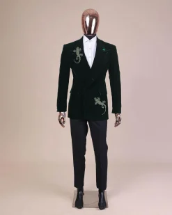 A Sacramento green “agama” soaked velvet peak lapel single button double breasted suit