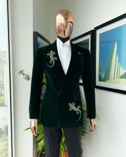 A Sacramento green “agama” soaked velvet peak lapel single button double breasted suit