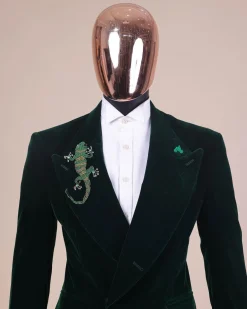 A Sacramento green “agama” soaked velvet peak lapel single button double breasted suit