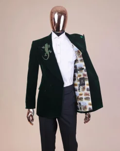 A Sacramento green “agama” soaked velvet peak lapel single button double breasted suit