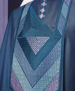 A Sacramento Green, Connected Triangle-Layered 3D Embroidery Design Details Agbada