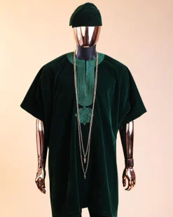 A Sacramento green daftan, sokoto & Fila Yoruba African native.