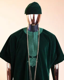 A Sacramento green daftan, sokoto & Fila Yoruba African native.