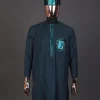 A Sacramento green, mama Charlie on gold embroidery details, long-sleeve Kaftan, hat and Sokoto