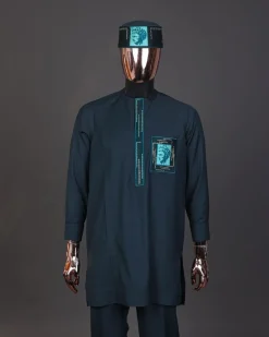 A Sacramento green, mama Charlie on gold embroidery details, long-sleeve Kaftan, hat and Sokoto