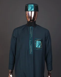 A Sacramento green, mama Charlie on gold embroidery details, long-sleeve Kaftan, hat and Sokoto