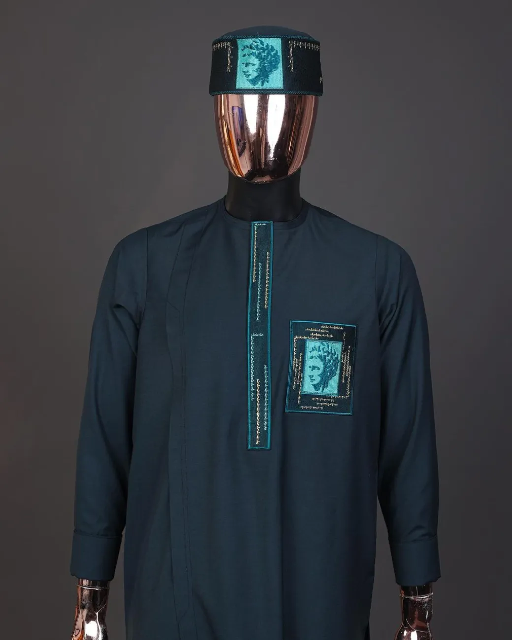 A Sacramento green, mama Charlie on gold embroidery details, long-sleeve Kaftan, hat and Sokoto