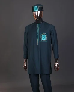 A Sacramento green, mama Charlie on gold embroidery details, long-sleeve Kaftan, hat and Sokoto