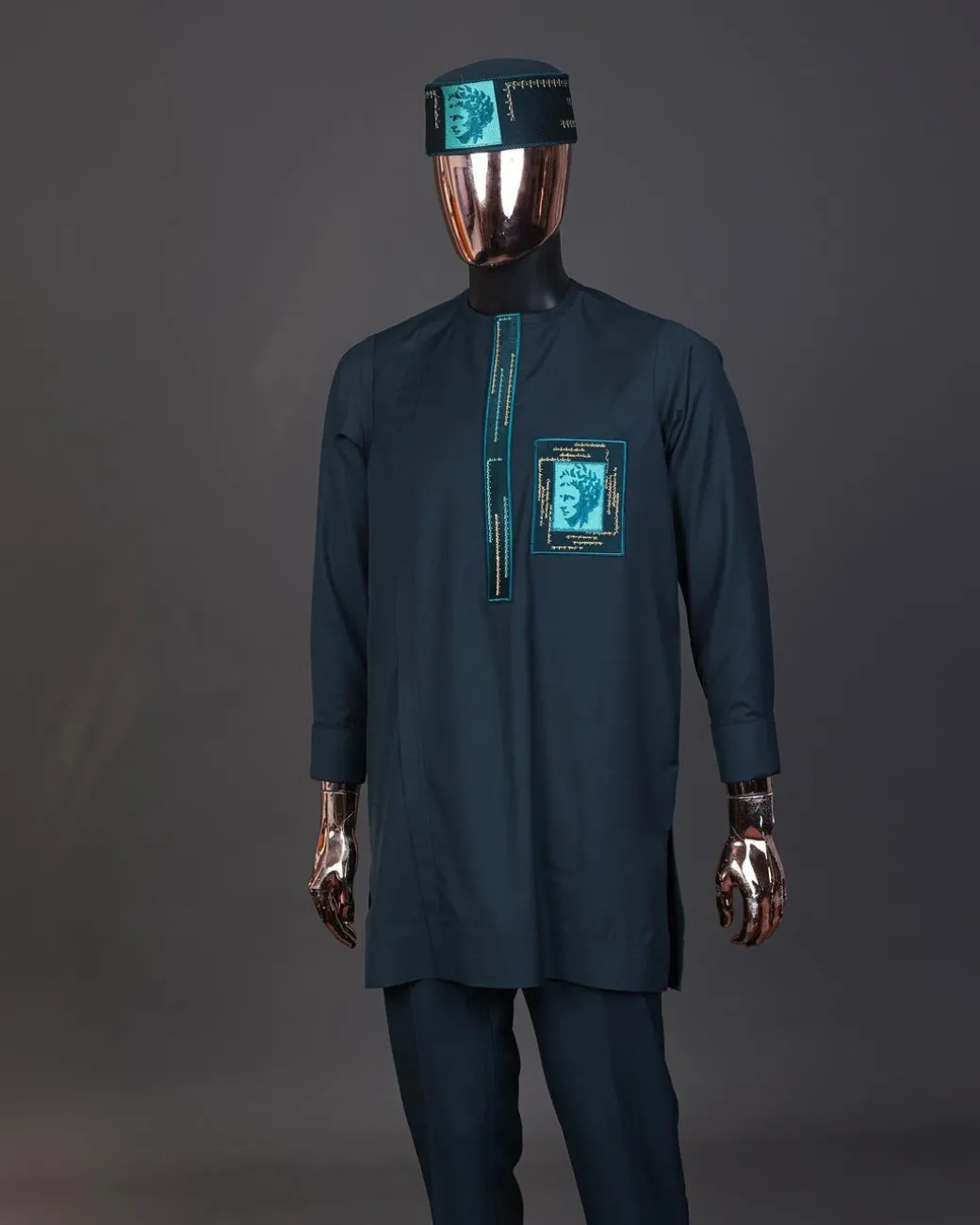 A Sacramento green, mama Charlie on gold embroidery details, long-sleeve Kaftan, hat and Sokoto