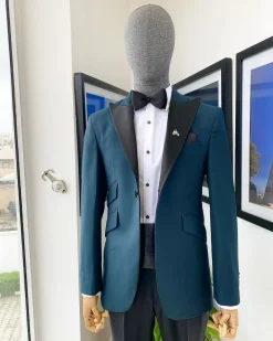 A Sacramento Green Peak Lapel, One Button Tuxedo Suit