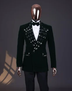 A Sacramento green soaked velvet peak lapel single button double breasted suit