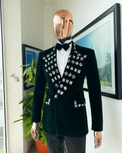 A Sacramento green soaked velvet peak lapel single button double breasted suit