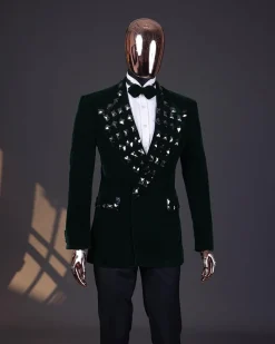 A Sacramento green soaked velvet peak lapel single button double breasted suit