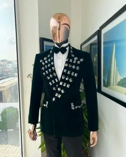 A Sacramento green soaked velvet peak lapel single button double breasted suit