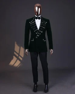 A Sacramento green soaked velvet peak lapel single button double breasted suit