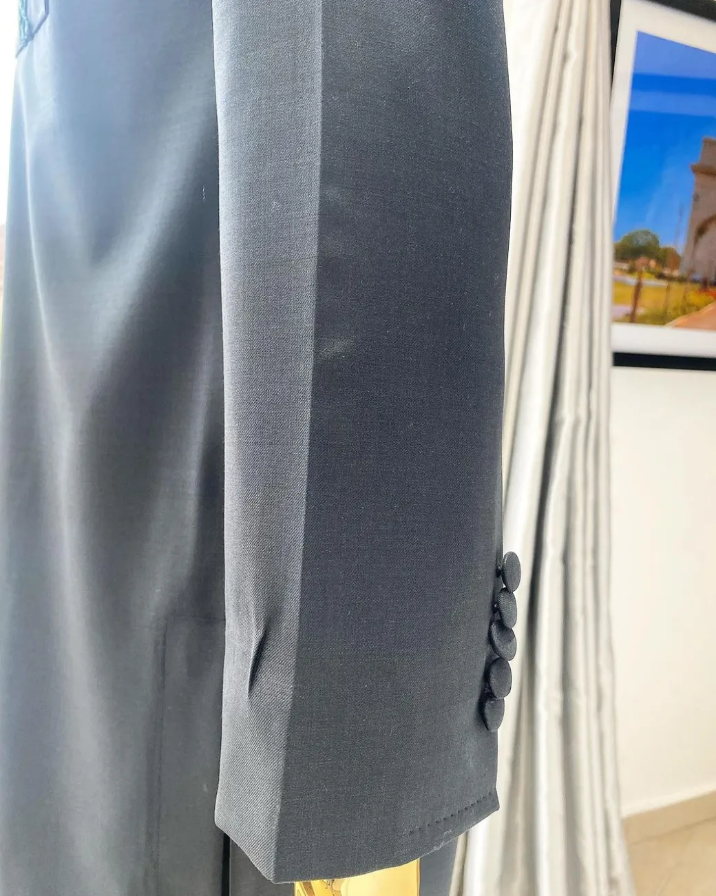 A Sacramento green “Suktan” Interwoven embroidery patch pocket and front flap, free suit hand sleeve details African traditional senator native.
