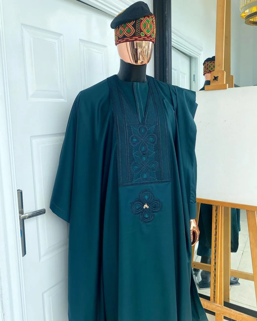 A Sacramento Green With Connected Embroidery Agbada