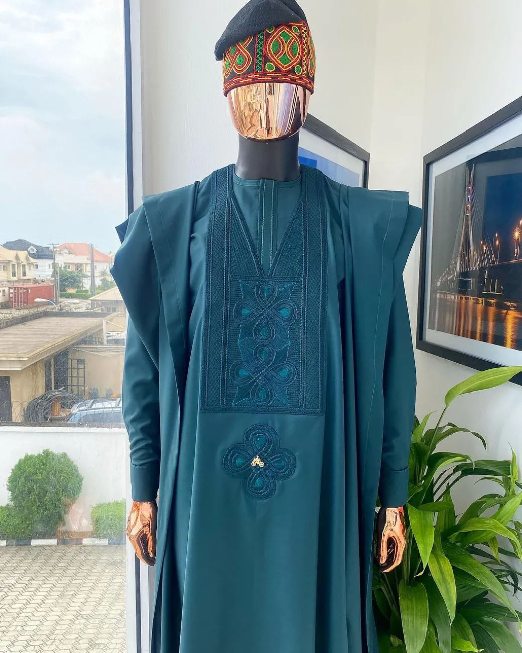 A Sacramento Green With Connected Embroidery Agbada