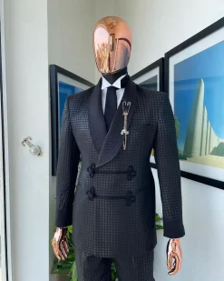 A “sajora” black inverted square patterned jacquard tuxedo suit