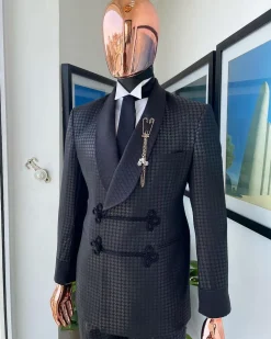 A “sajora” black inverted square patterned jacquard tuxedo suit
