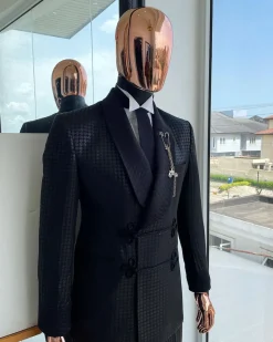 A “sajora” black inverted square patterned jacquard tuxedo suit