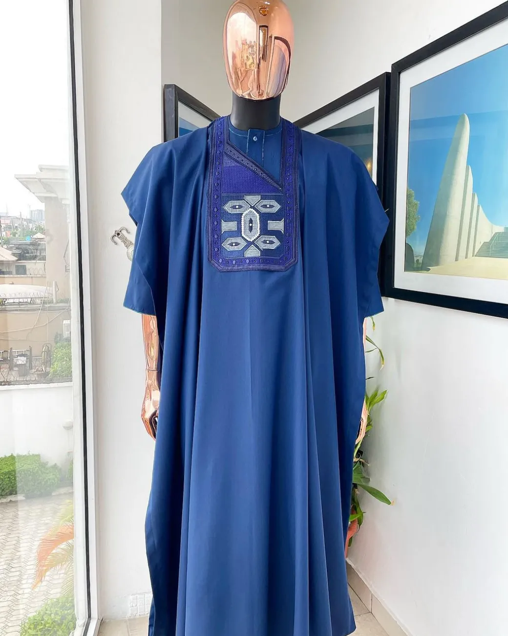 A Sapphire Blue, Broken Patterns Embroidery Detailing Agbada