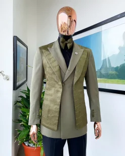 A “scritto” (inscribe your name) dark olive green, layered 4 lapel suit