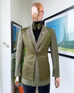 A “scritto” (inscribe your name) dark olive green, layered 4 lapel suit