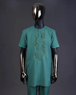 A Sea green, floral embroidery with matching Swarovski button detailing kaftan