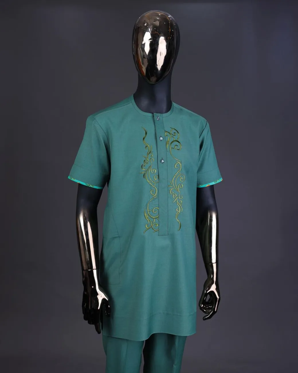 A Sea green, floral embroidery with matching Swarovski button detailing kaftan