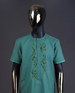 A Sea green, floral embroidery with matching Swarovski button detailing kaftan